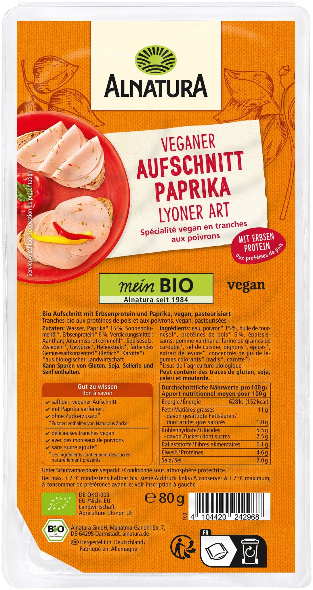 Alnatura Veganer Aufschnitt Paprika Lyoner Art
