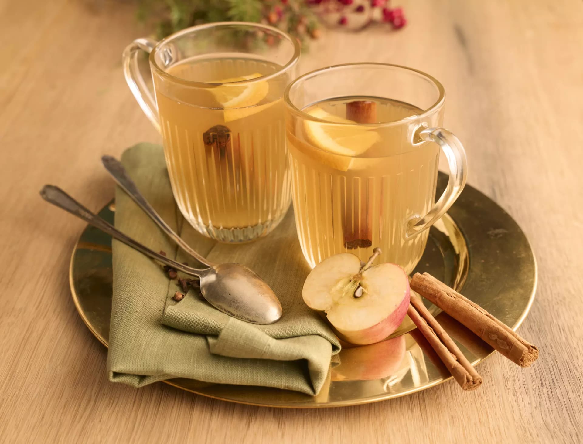 Zwei Gläser mit warmem Bergkräuter-Apfel-Zimt-Punsch: Das goldene Getränk ist mit frischen Apfelscheiben und Zimtstangen verfeinert. Dazu liegt eine halbierte Apfelscheibe und ein Löffel bereit – perfekt für gemütliche Wintertage.