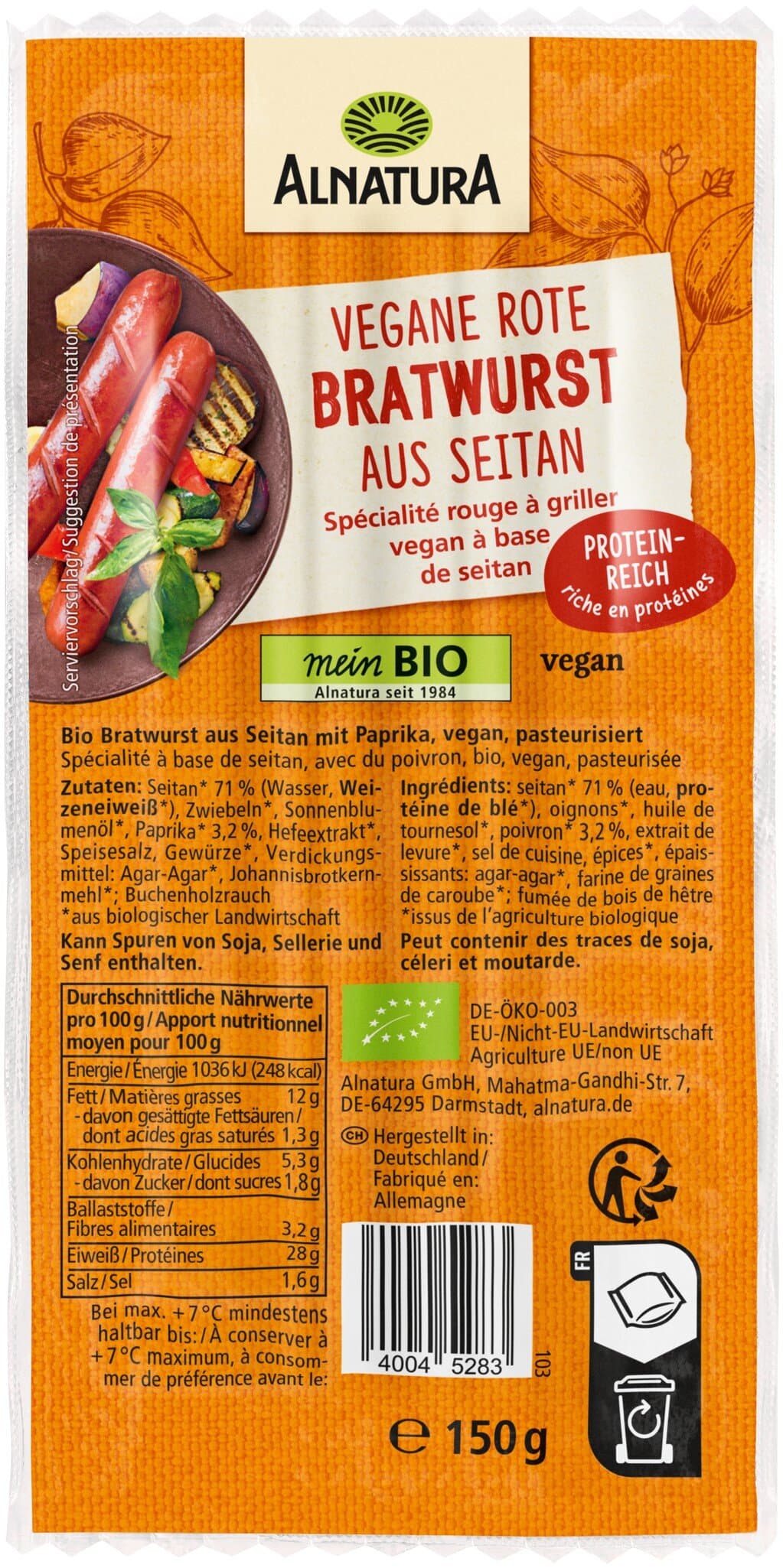 Alnatura Vegane rote Bratwurst aus Seitan (gekühlt)