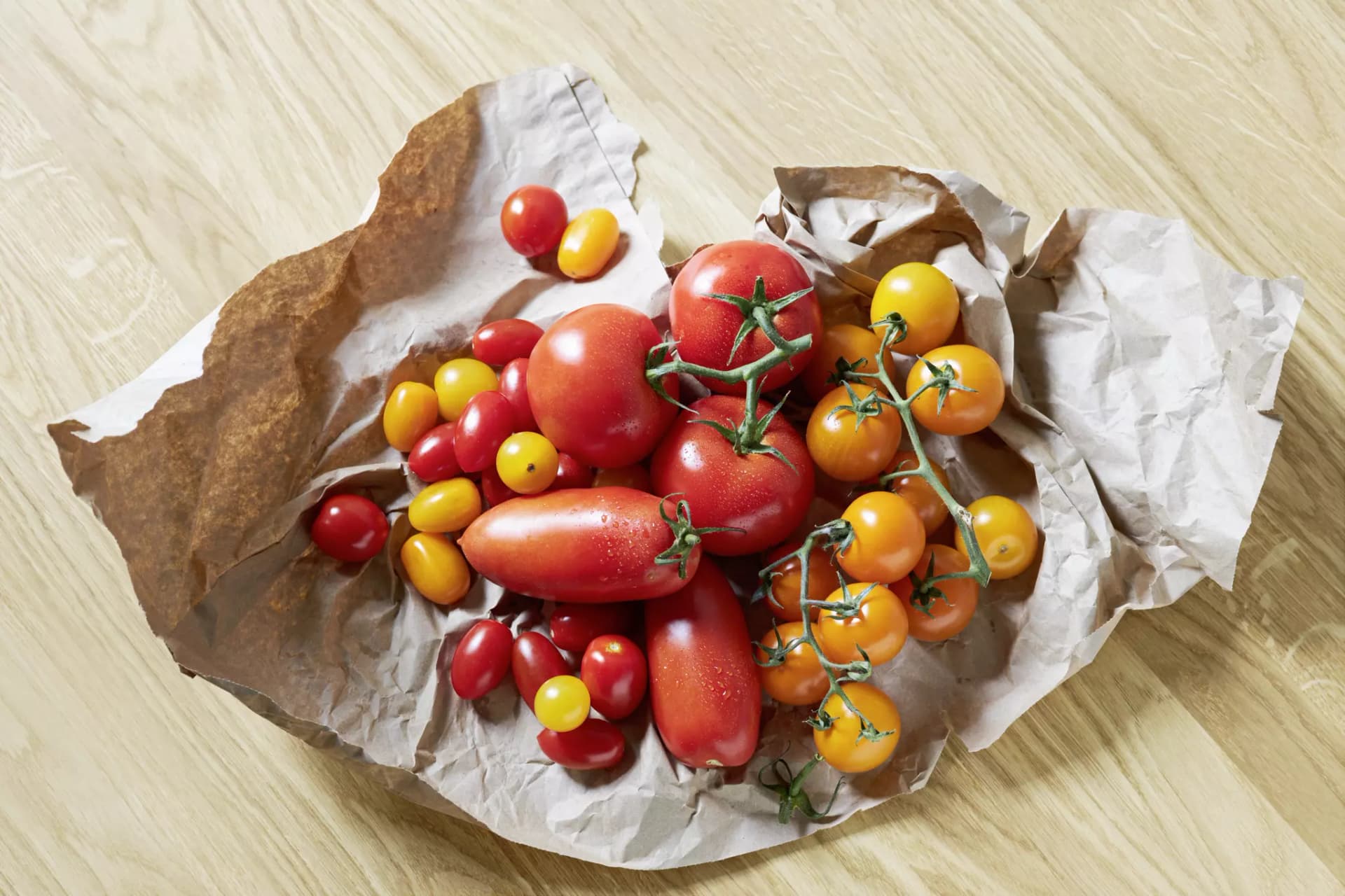 Fünf unterschiedliche Tomatensorten auf einem Pergamentpapier.