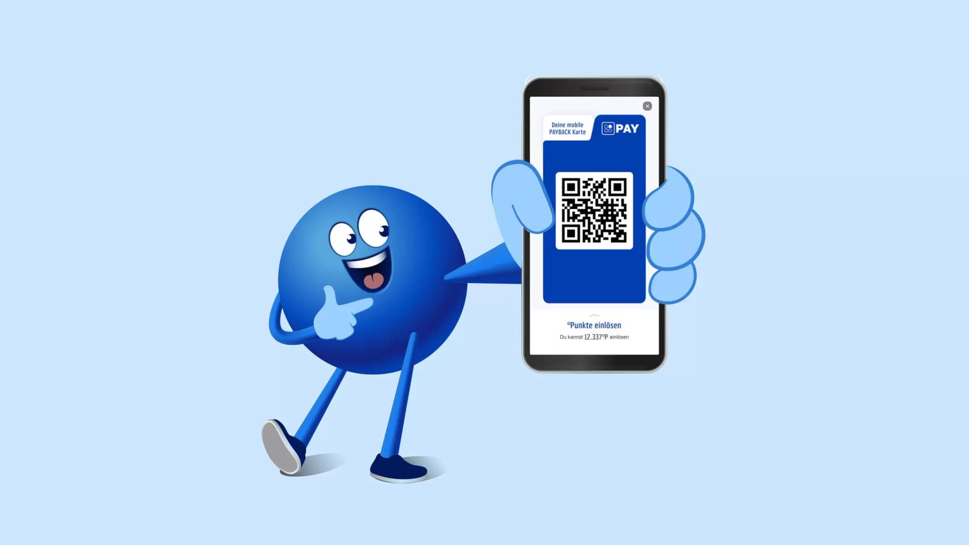 Pointee hält ein Smartphone mit einem QR-Code auf dem Bildschirm