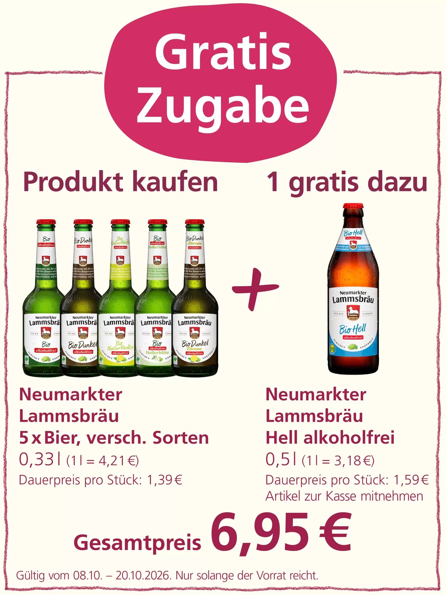 Angebot: Kaufe 5 verschiedene Sorten Neumarkter Lammsbräu Bier und erhalte 1 Flasche Bio Hell alkoholfrei gratis dazu. Der Gesamtpreis beträgt 6,95 Euro.