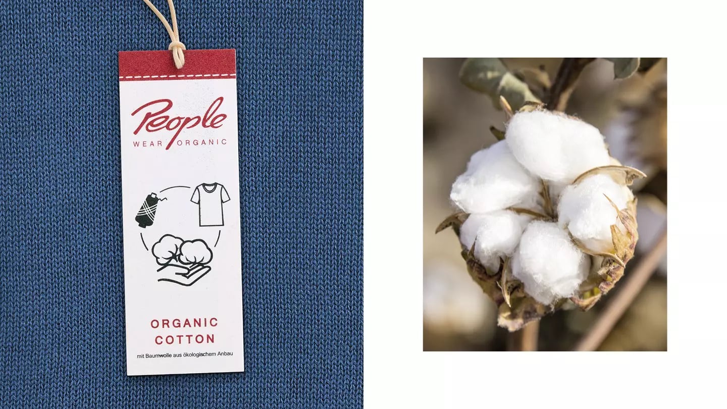 Links ein rotes Textetikett mit der Aufschrift 'People WEAR ORGANIC' und 'ORGANIC COTTON' auf blauem Stoff, rechts eine Nahaufnahme einer Baumwollblüte am Zweig.