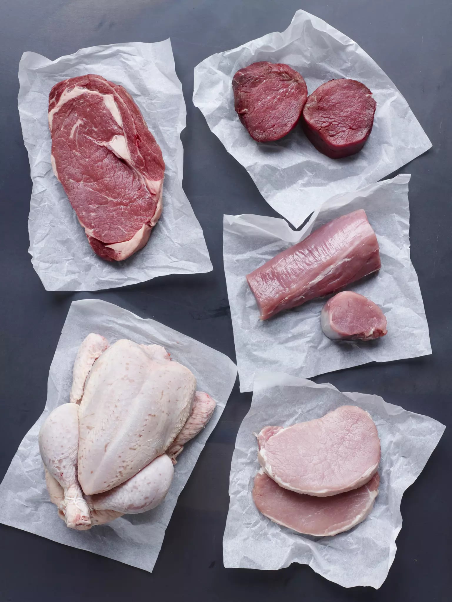 Verschiedene Fleischsorten, Huhn, Pute, Rind