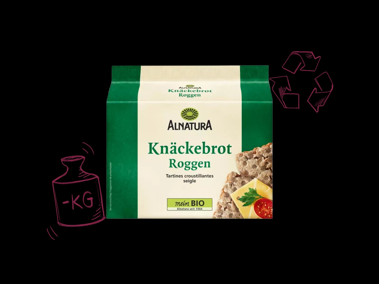 Packshot des Alnatura Kmnäckebrot mit illustrierten Hinweisen, dass die Verpackung leichter und besser recyclebar ist