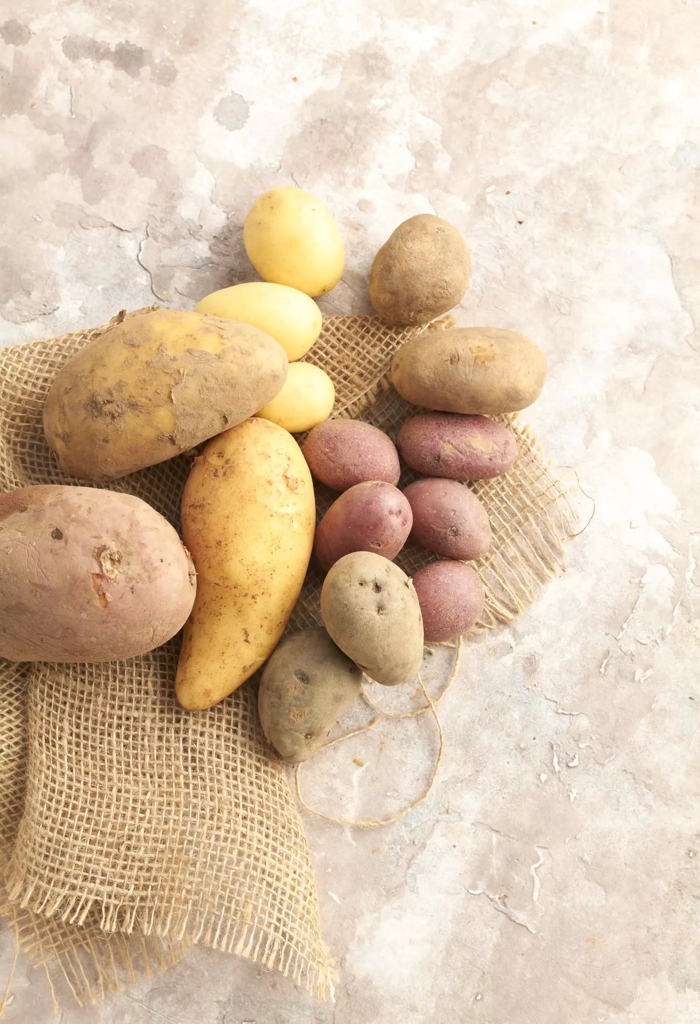 Verschiedene Kartoffelsorten mit unterschiedlicher Form und Farbe auf grobem Jutestoff liegend.