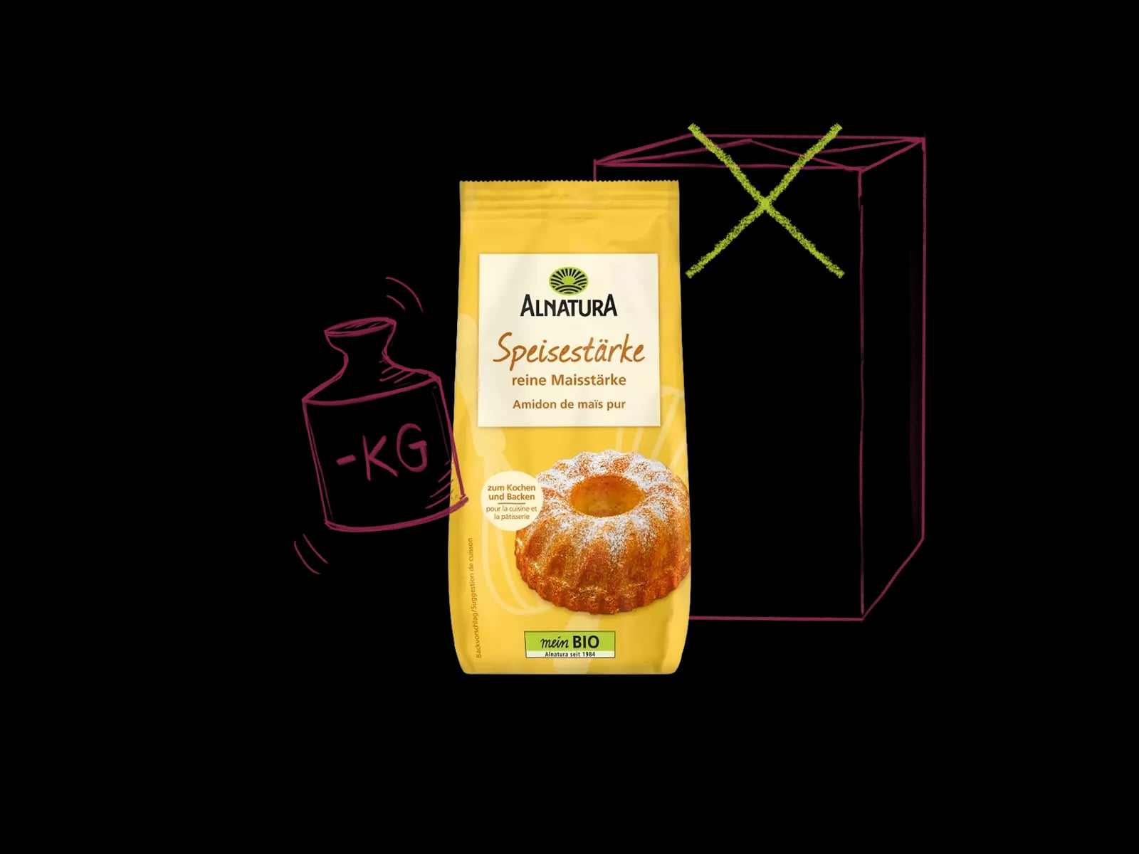Packshot der Alnatura Speisestärke mit illustrierten Hinweisen, dass die Verpackung leichter umgestellt wurde
