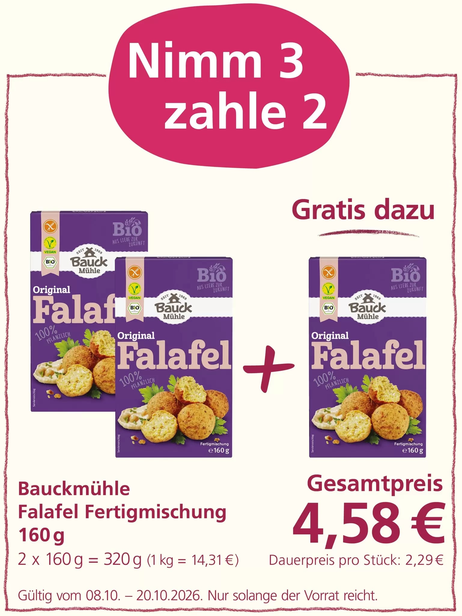 Angebot für Bauckmühle Falafel Fertigmischung: 3 kaufen, 2 bezahlen. Der Gesamtpreis beträgt 4,58 €.