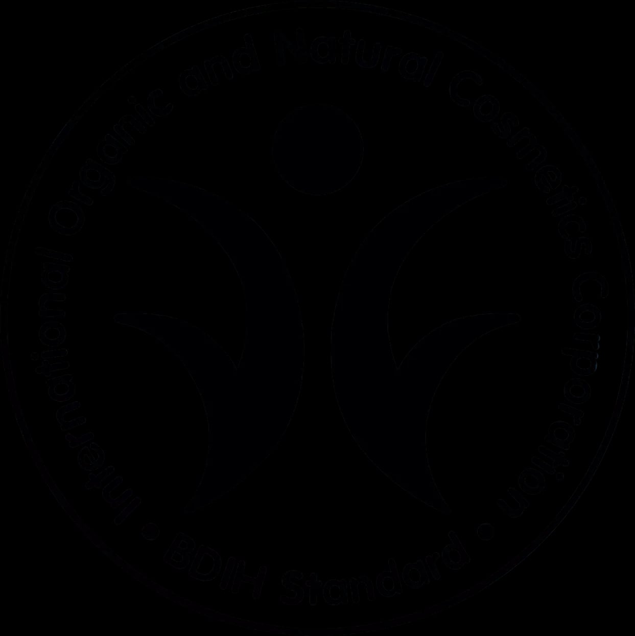 Schwarz-weißes rundes Logo mit stilisierter menschlicher Figur und dem Text 'International Organic and Natural Cosmetics Corporation BDIH Standard'.