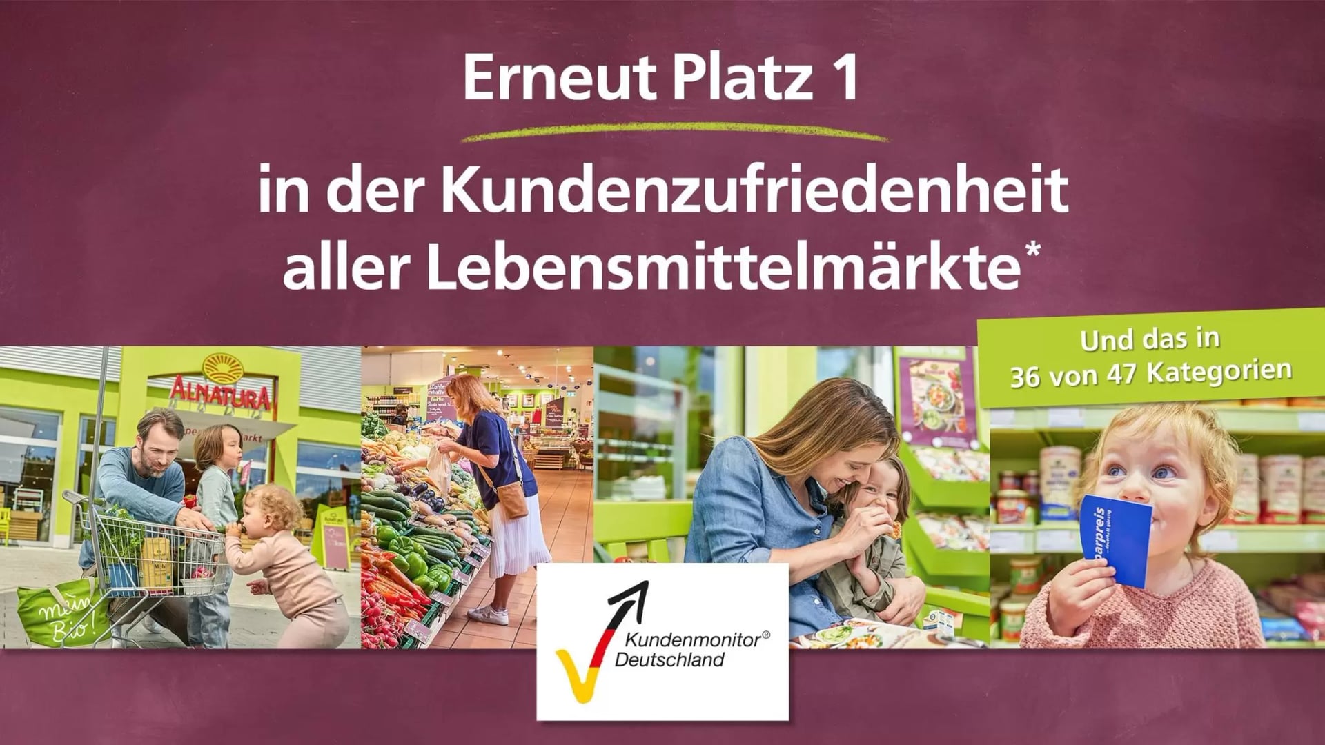 Collage mit Eindrücken von Personen im Alnatura Supermarkt und Infos zur Auszeichnung im Kundenmonitor Deutschland