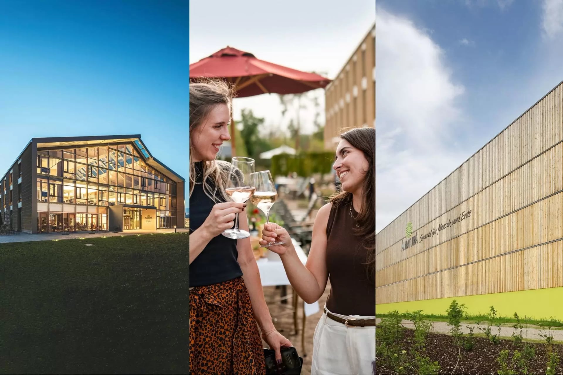 Fotocollage: Links ein Bild des Alnatura Campus; In der Mitte zwei Alnatura Mitarbeiterinnen, die mit Weingläsern anstoßen; Rechts ein Bild des Alnatura Logistikzentrums in Lorsch.