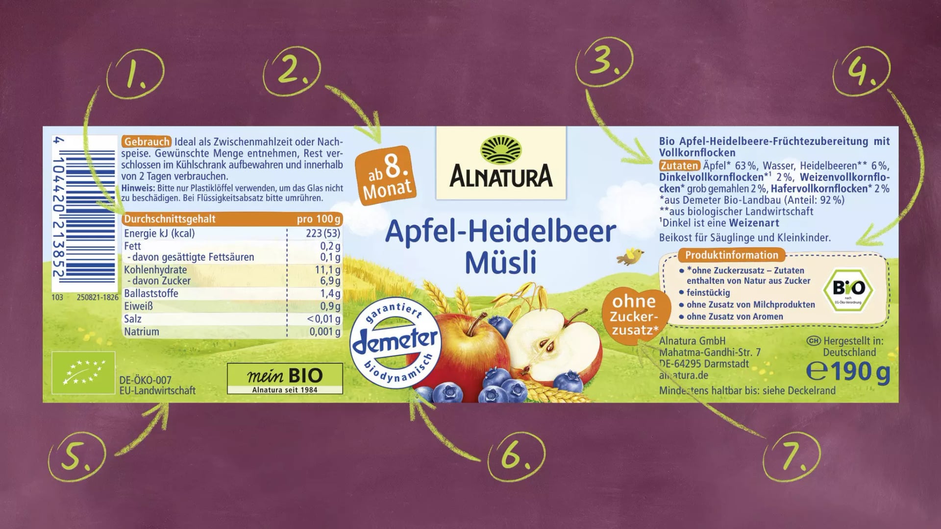 Lebensmitteletikett für Alnatura Apfel-Heidelbeer-Müsli mit Zutatenliste, Nährwertangaben, Bio- und Demeter-Logos sowie Hinweis auf Zuckerfreiheit und Altersangabe ab 8. Monat