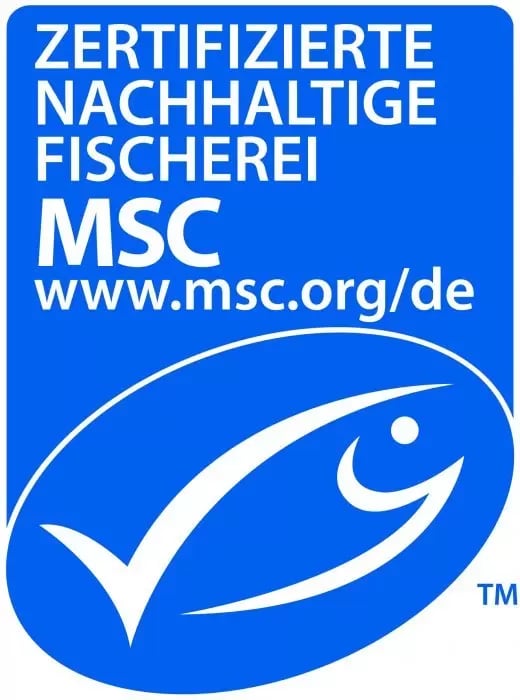 Blaues MSC-Logo mit weißem Fischsymbol und Text 'zertifizierte Fischerei MSC www.msc.org/de'