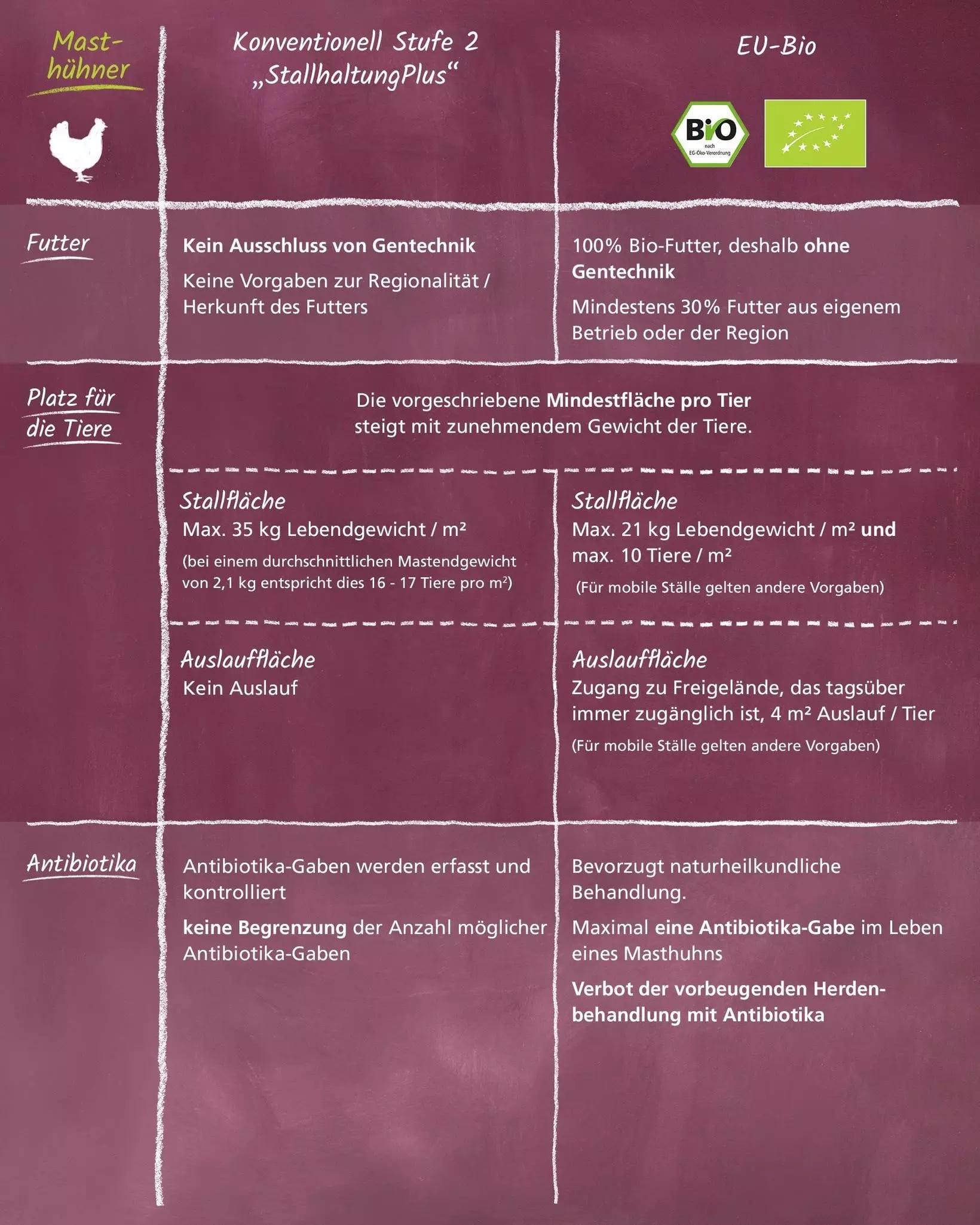 Tafel mit Vergleichstabelle zu konventioneller Haltung und EU-Bio bei Masthühnern mit Angaben zu Futter, Platz für die Tiere, Stallfläche, Auslauffläche und Antibiotika