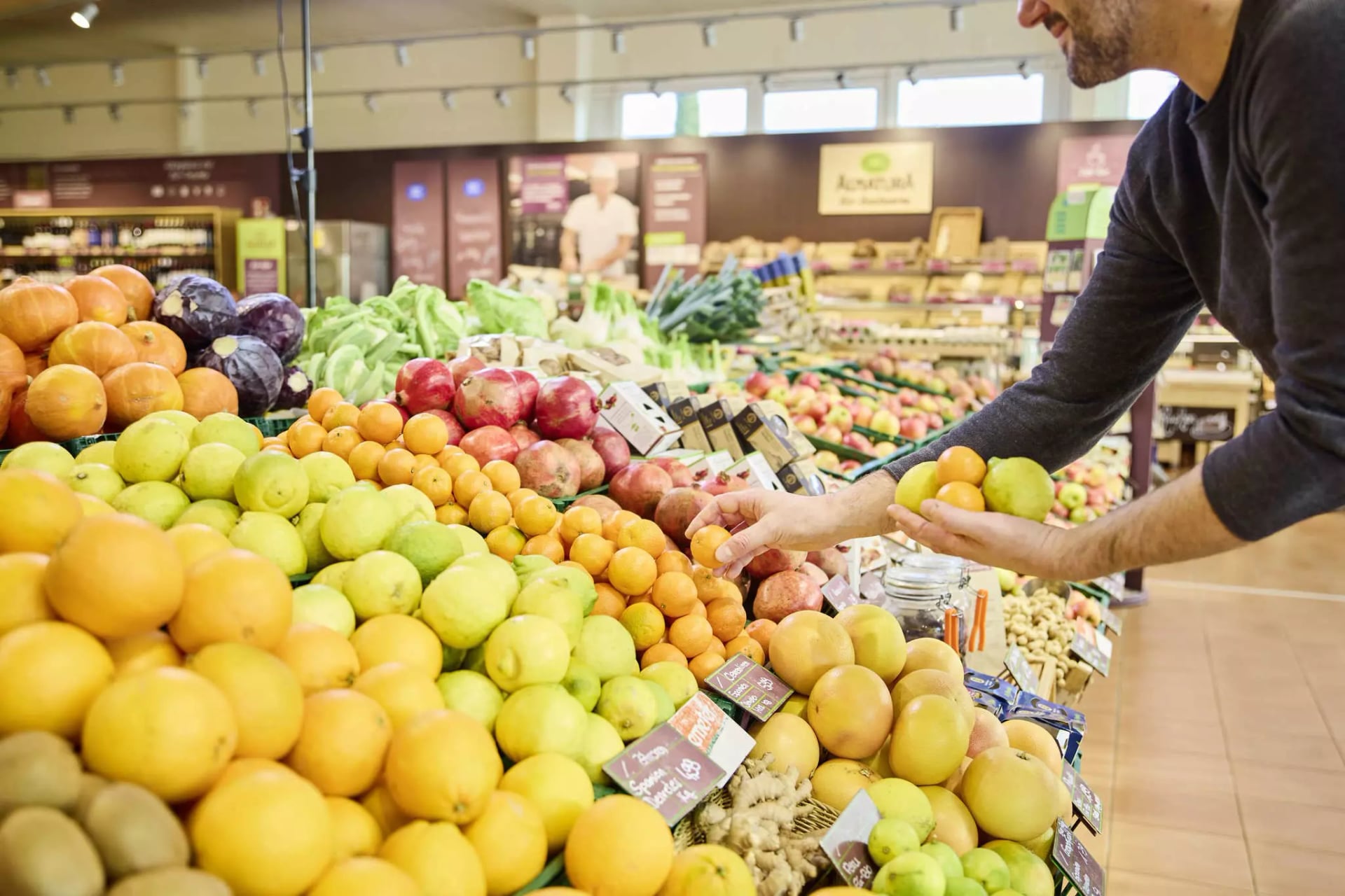 Obst Theke im Markt, Mensch wählt Zitrusfrüchte aus.