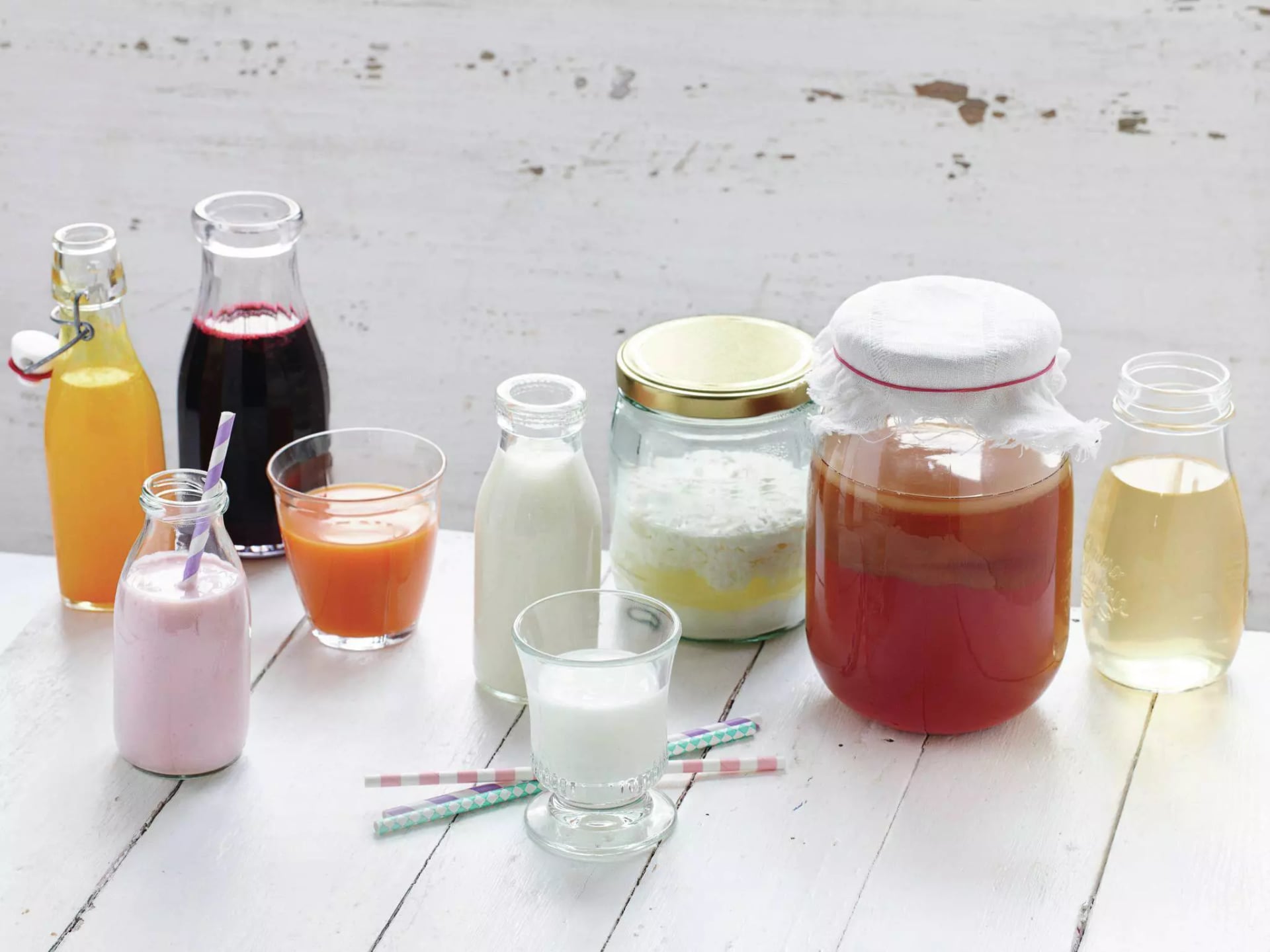 Mehrere sich in Farbe und Konsistenz unterscheidende, fermentierte Getränke in Gläsern.