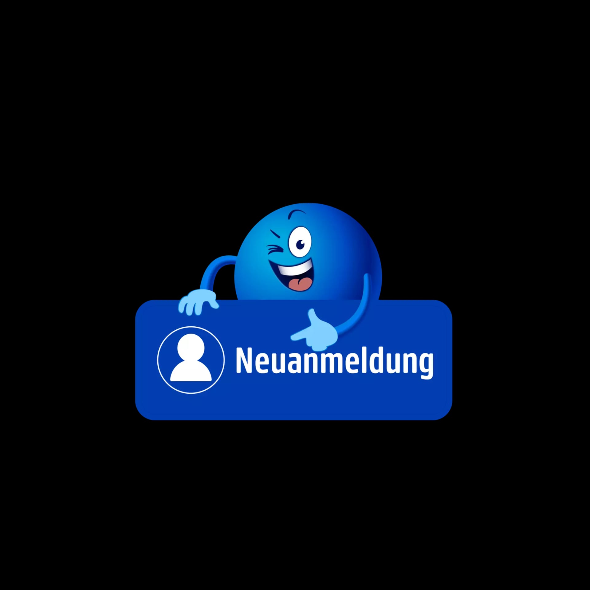 Blauer lachender Smiley mit Daumen hoch hinter blauem Button mit weißem Symbol einer Person und dem Text 'Neuanmeldung'