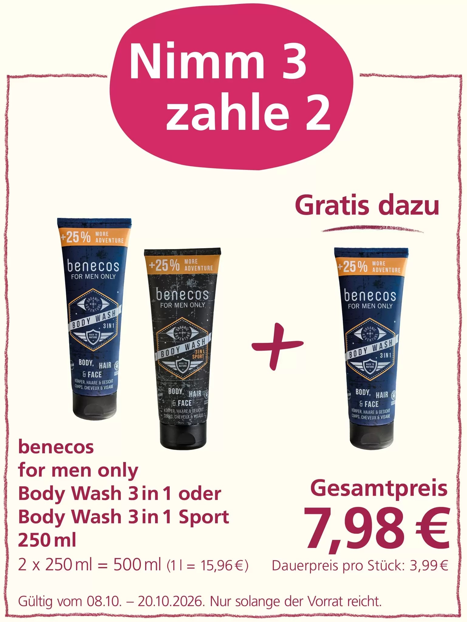 Angebot "Nimm 3 zahle 2" für benecos Body Wash 3 in 1 oder 3 in 1 Sport für Männer. Zwei Flaschen à 250 ml kosten 7,98 €.