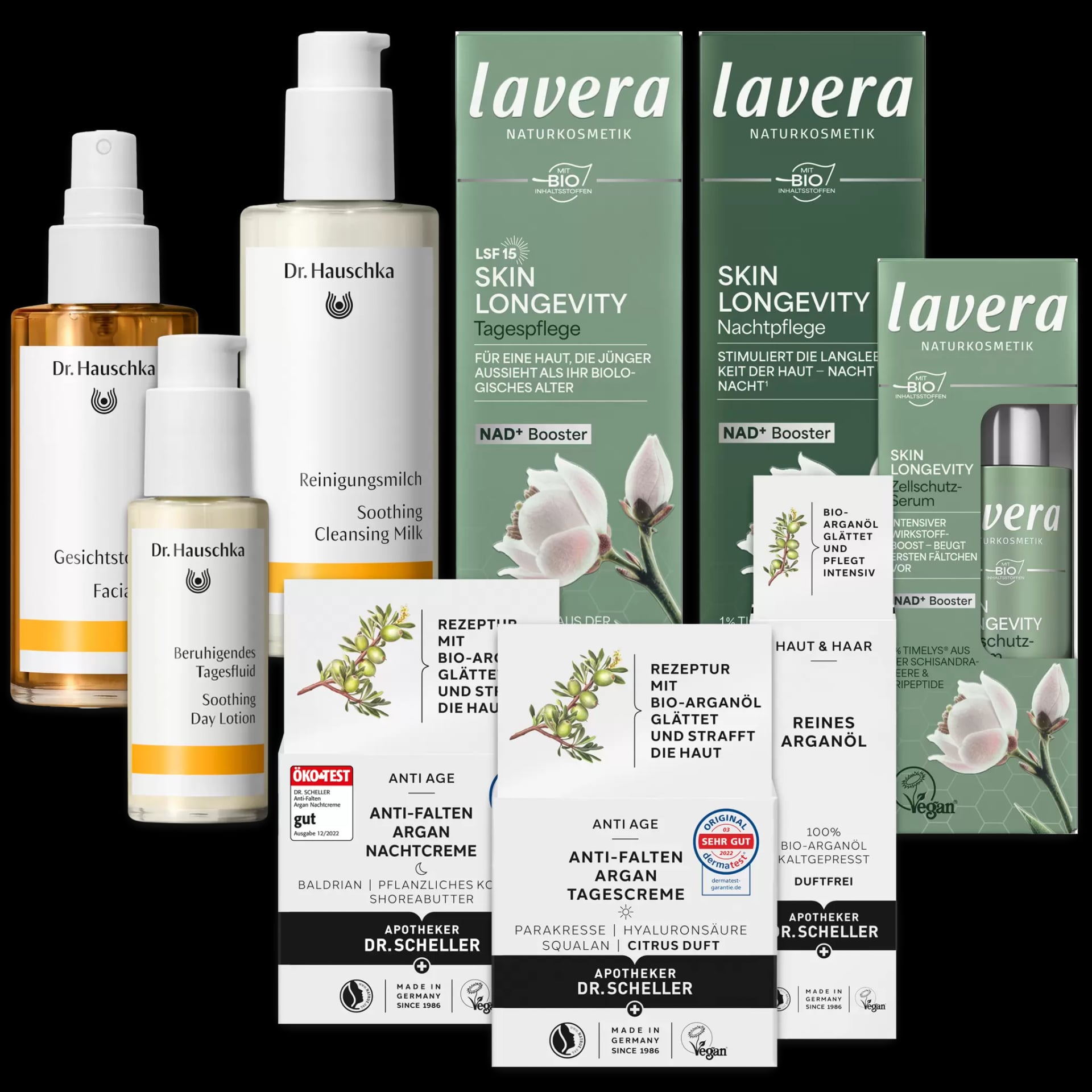 Compposing der Produkte, die beim Produkttest versendet werden. In diesem Fall neun Kosmetikprodukte der Marken Dr. Hauschka, Lavera und Apotheke Dr. Scheller