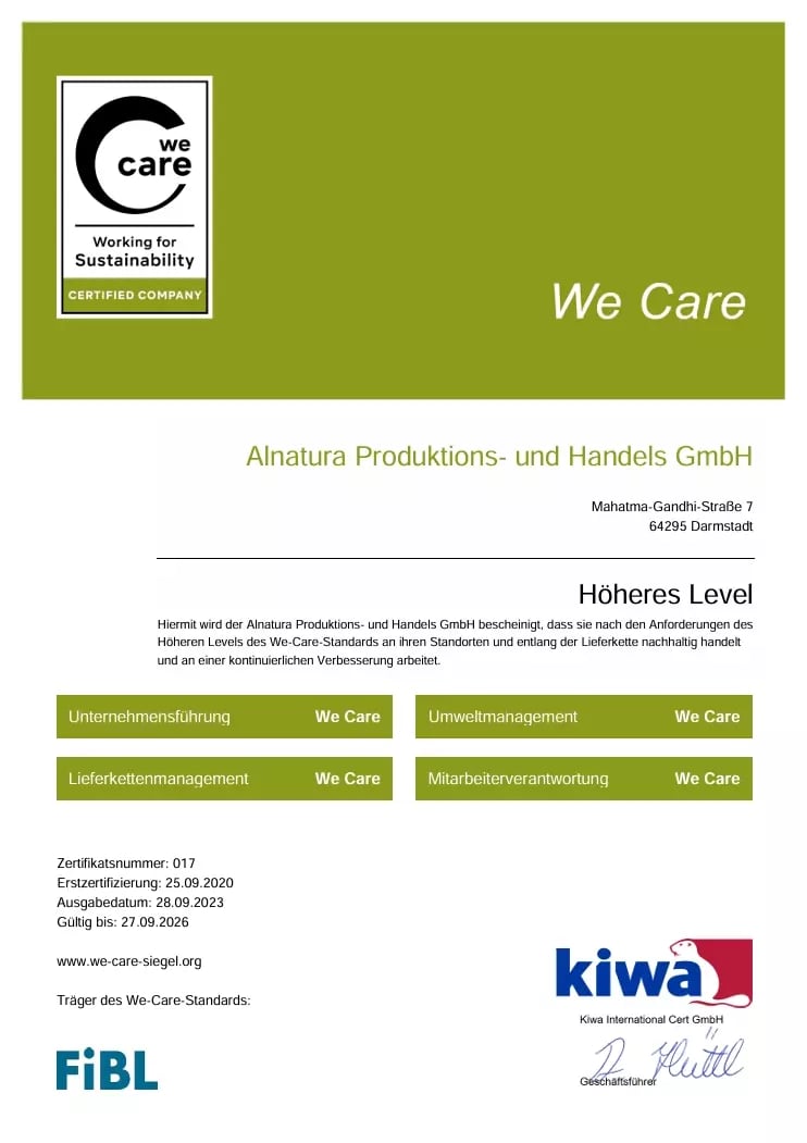 Das We-Care-Zertifikat von Alnatura