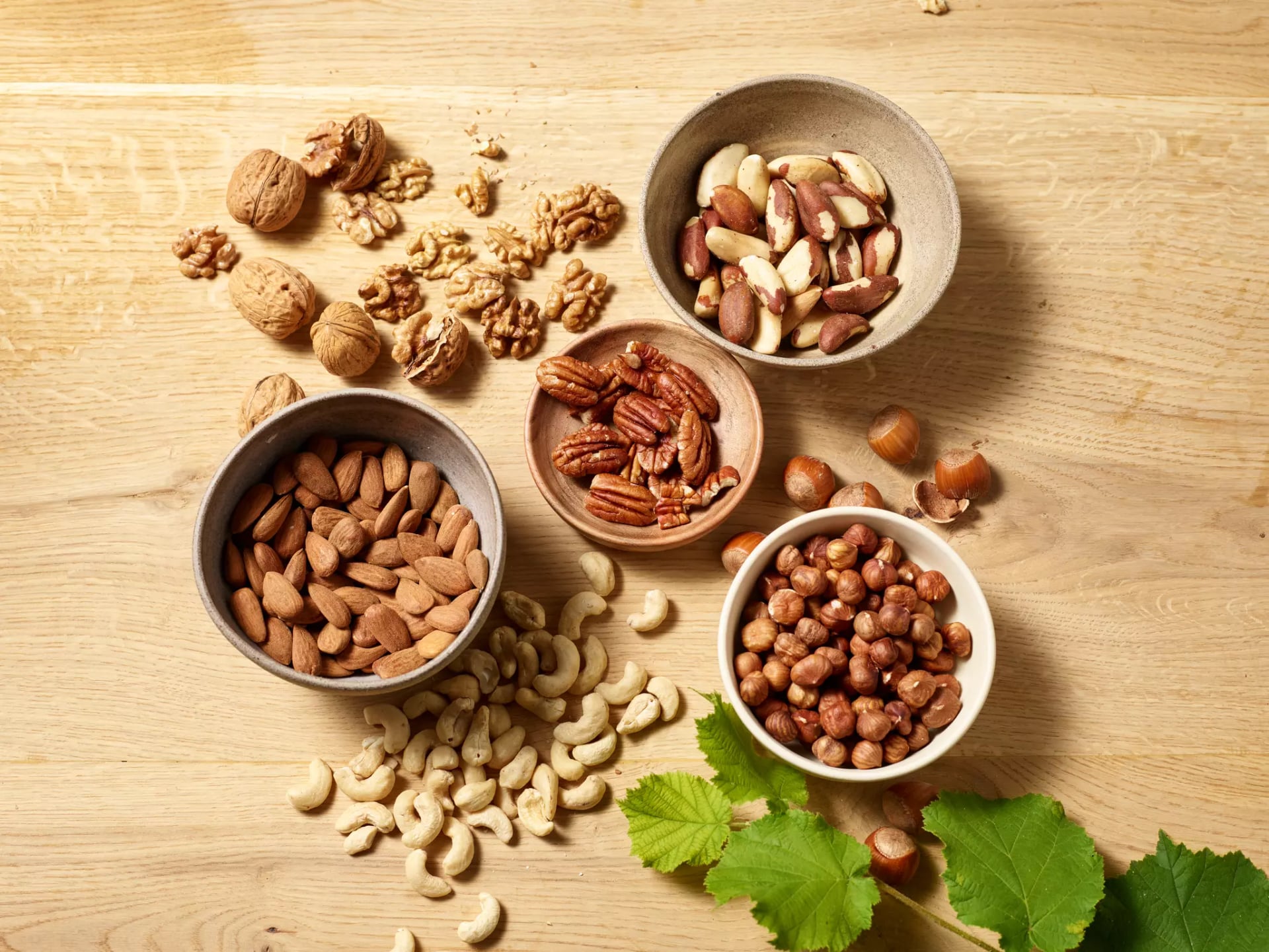 Schalen mit Walnüssen, Pekan-, Macadamia- Haselnüsse, Mandeln und Cashewnüssen.