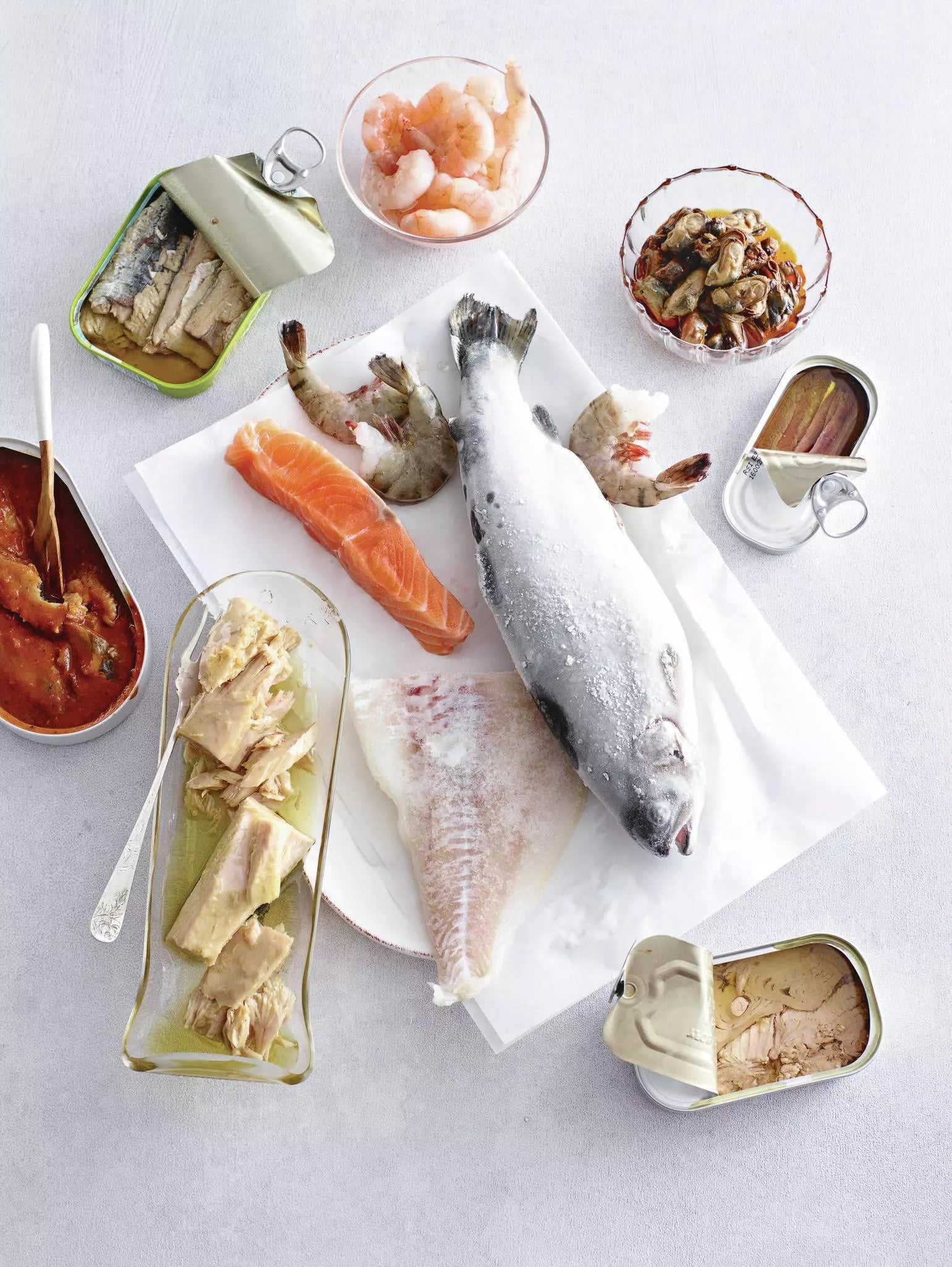 Auf dem Bild sieht man verschiedene Fischprodukte und Meeresfrüchte, darunter eine Dose Sardinen, Garnelen, Lachs, eine Dose Sardellen, Muscheln, eingelegter Fisch, ein Fischfilet und eine Dose Thunfisch.