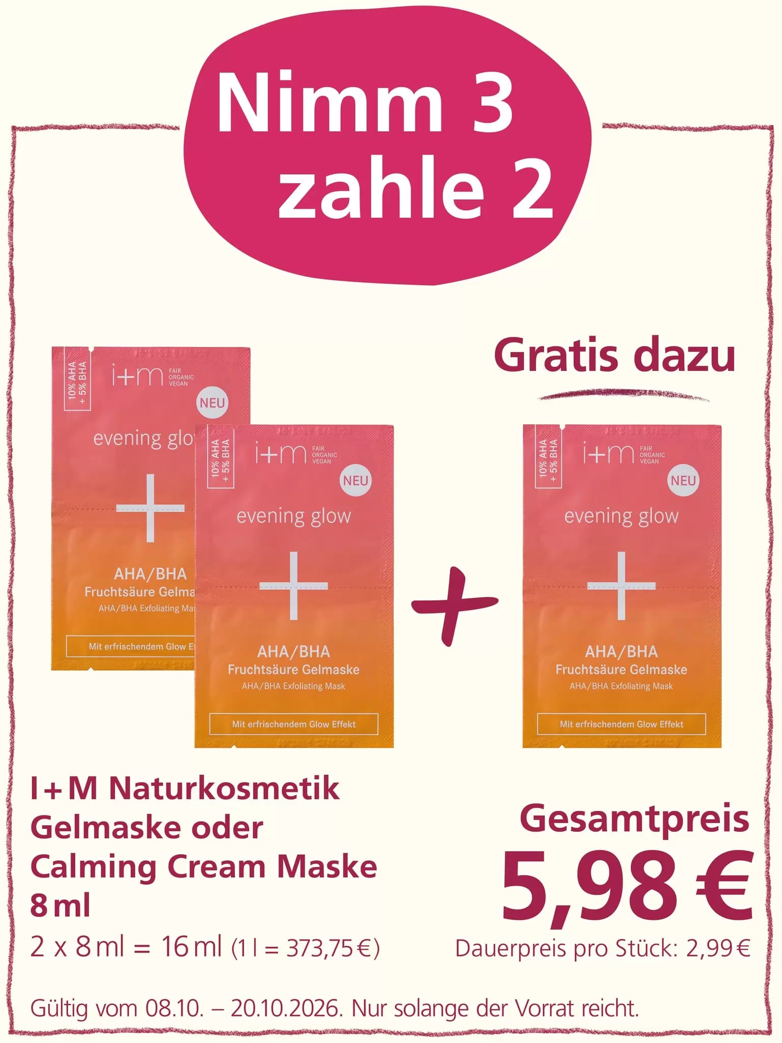Eine Werbeanzeige bietet drei Gesichtsmasken zum Preis von zwei an.
