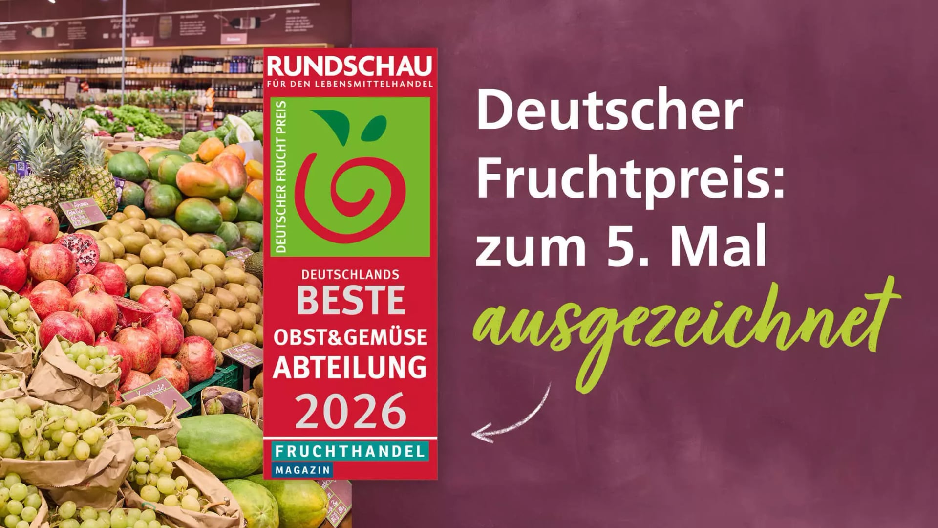 Frisches Obst in einem Supermarkt und eine Grafik zum deutschen Fruchtpreis 2026