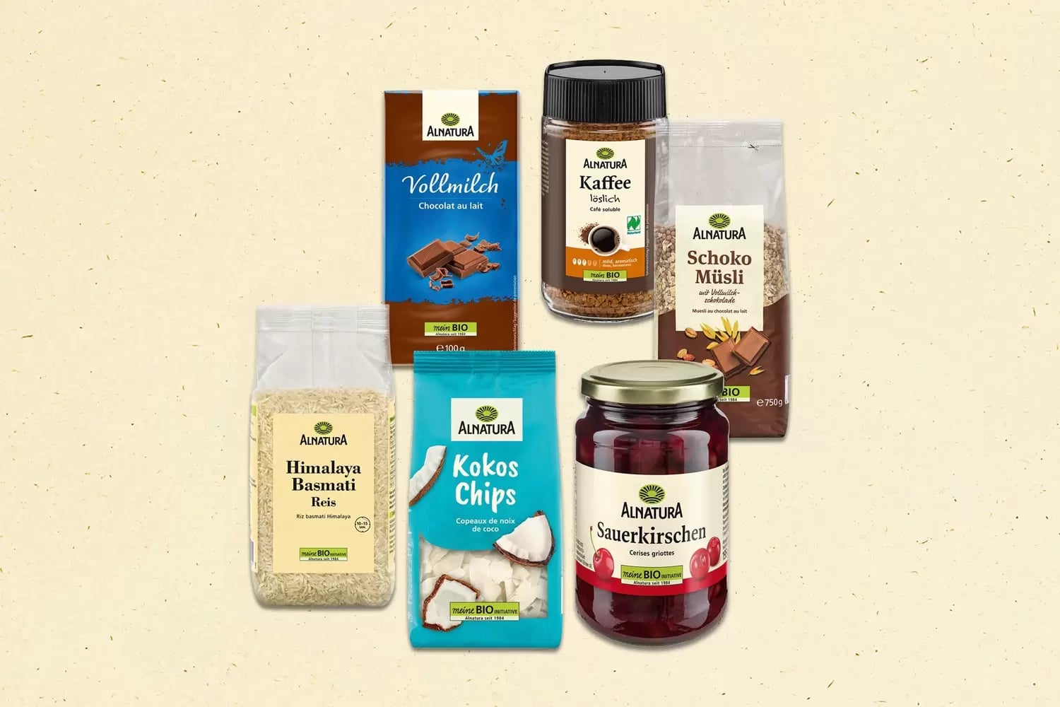 Mehrere Alnatura Produkte, die "Dauerhaft im Preis gesenkt (bis zu 20 % günstiger)" werden: Vollmilch-Schokolade, Kaffee löslich, Schoko-Müsli, Himalaya-Basmatireis, Kokos-Chips und Sauerkirschen.