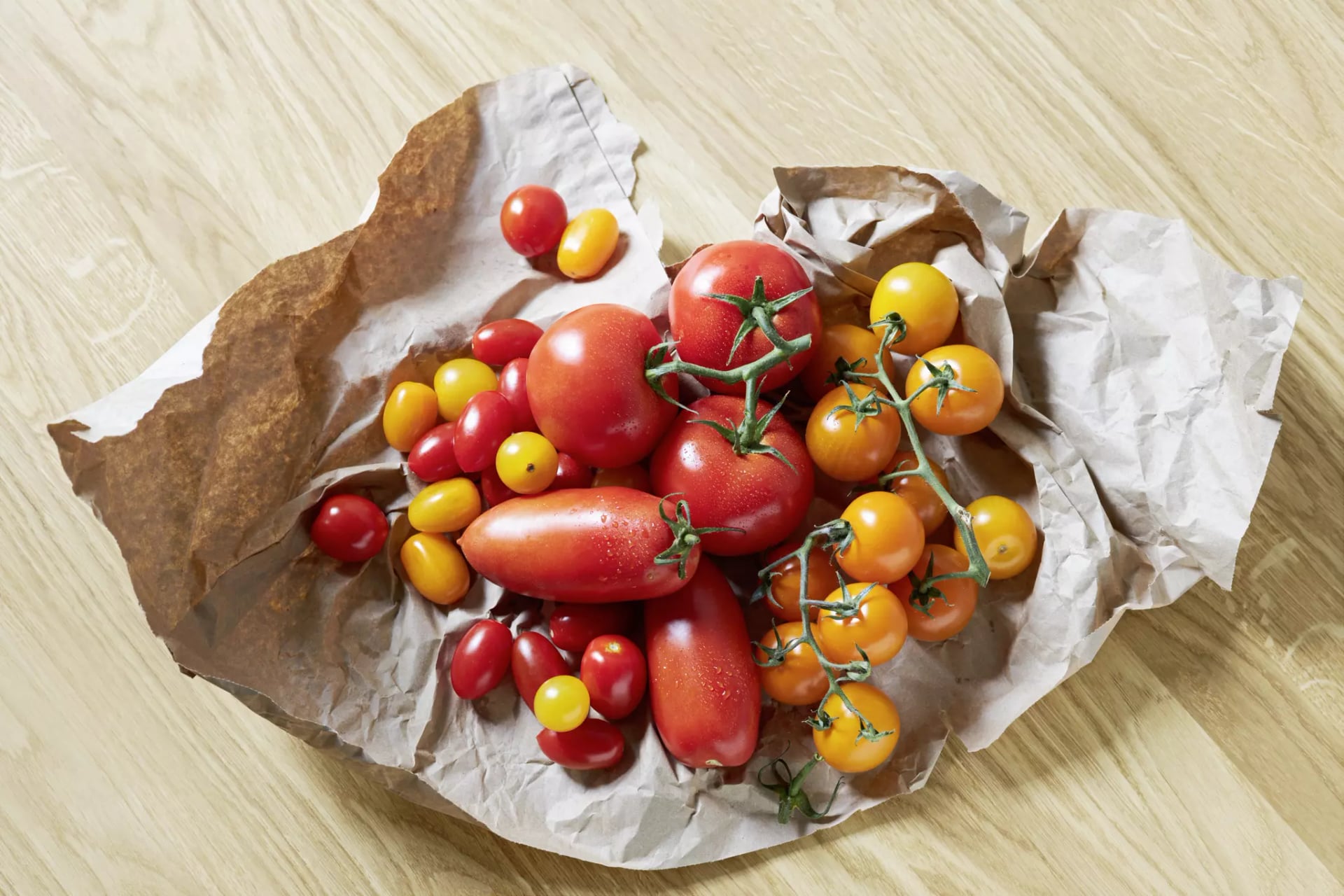 Fünf unterschiedliche Tomatensorten auf einem Pergamentpapier.
