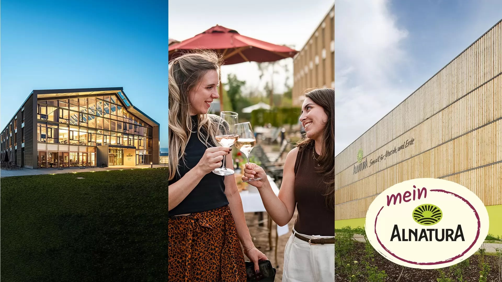 Fotocollage: Links ein Bild des Alnatura Campus; In der Mitte zwei Alnatura Mitarbeiterinnen, die mit Weingläsern anstoßen; Rechts ein Bild des Alnatura Logistikzentrums in Lorsch.