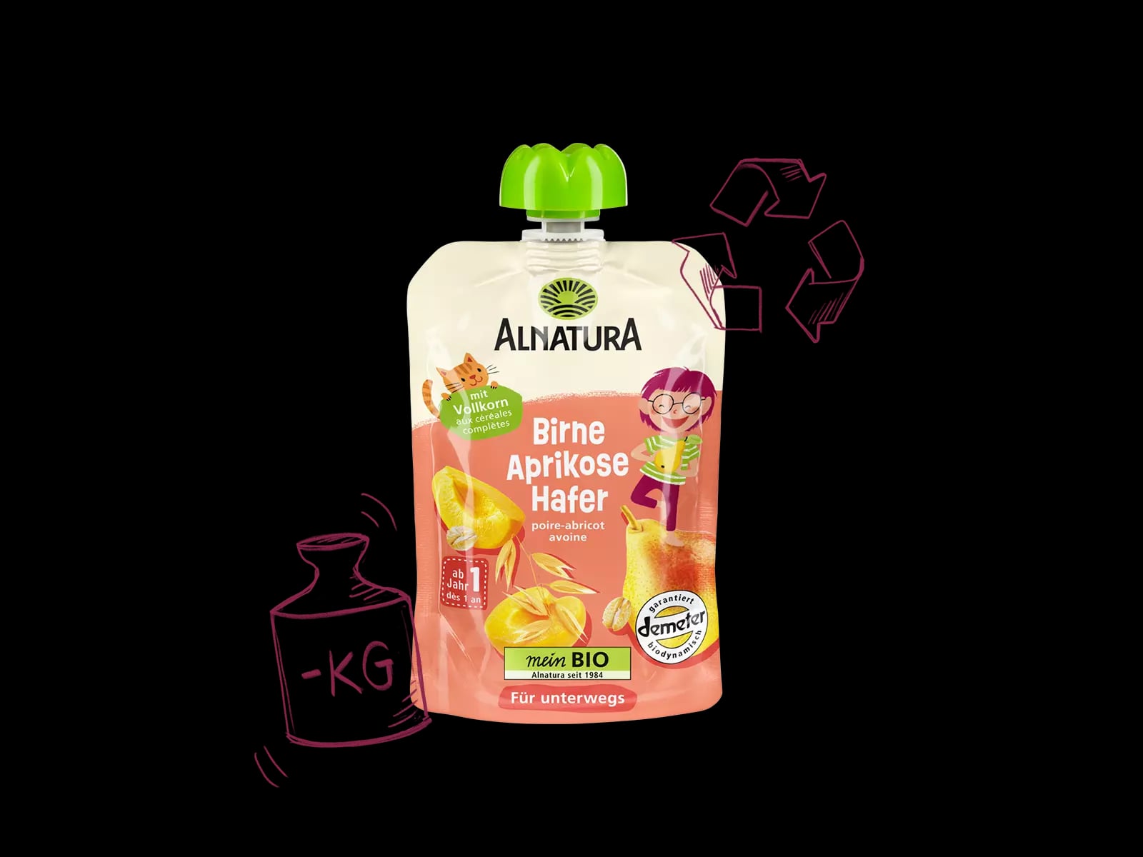 Der Packshot eines Alnatura Quetschbeutel und Illustrationen zur Gewichtsreduktion und besseren Recyclingfähigkeit
