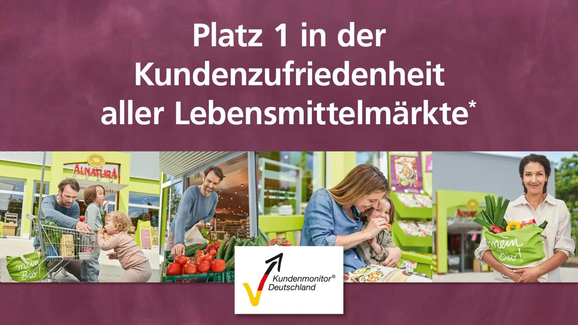 Collage mit Eindrücken von zufriedenen Personen im Alnatura Supermarkt und Infos zur Auszeichnung im Kundenmonitor Deutschland