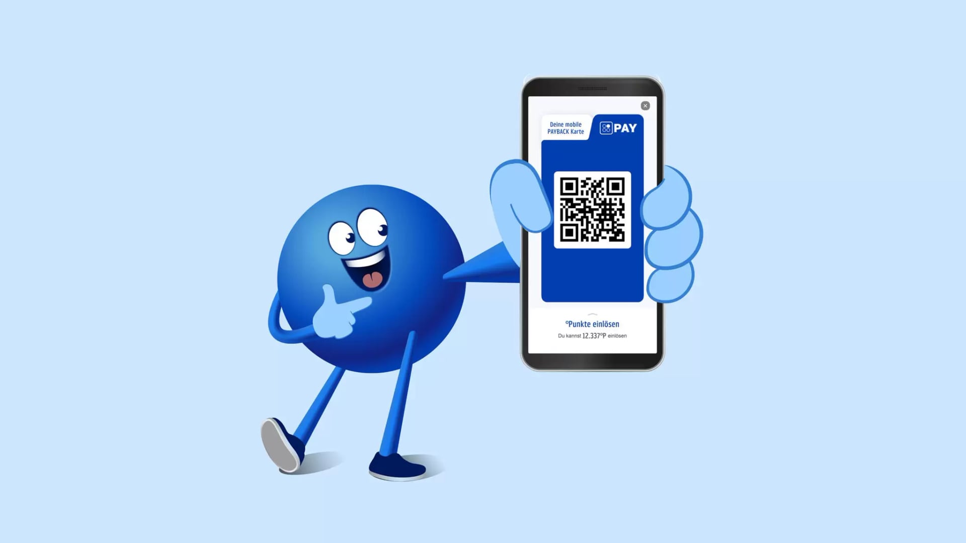 Pointee hält ein Smartphone mit einem QR-Code auf dem Bildschirm